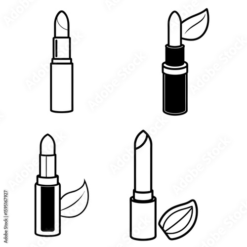 Four illustrations of lipstick tubes with leaves showing natural or organic beauty products concept design