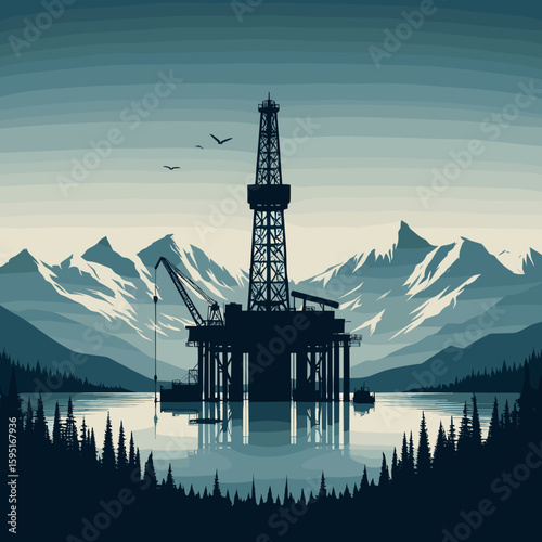 Oil rig silhouette in a tranquil mountain landscape at dusk for environmental and industrial art
