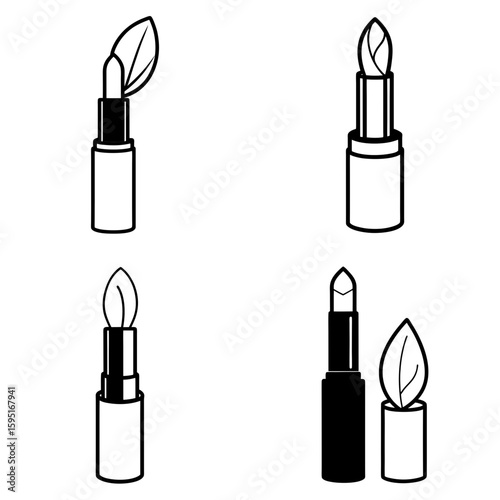 Four stylized lipsticks with leaf shaped tips in black and white outline illustration design