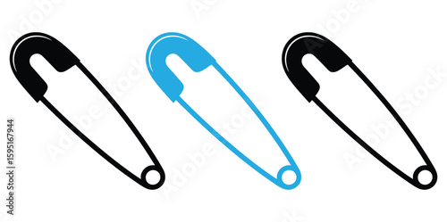 Three safety pins, two black and one blue, isolated on a white background, essential tools for sewing, crafting, and fastening fabric, securing items, and emergency repairs