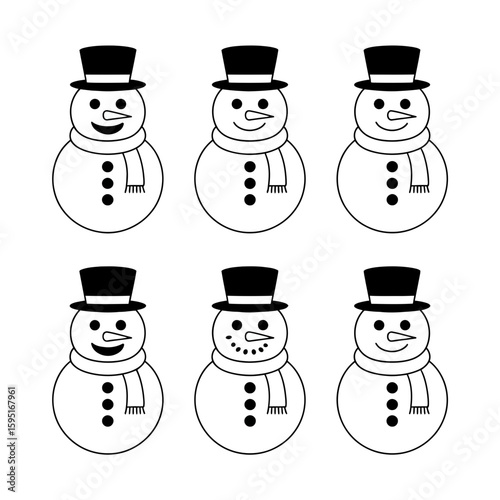 Six stylized snowman silhouettes with top hats and scarves isolated on white background