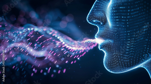 A luminous, abstract profile of a human face emits a mesmerizing stream of glowing, digital particles, representing artificial intelligence, speech, or the flow of data communication. Voice cloning