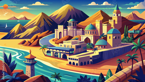 Fujairah, UAE – Mountainous desert meets ocean coastline. Forts and mosques blend with nature, offering raw textures for compelling vector imagery.
