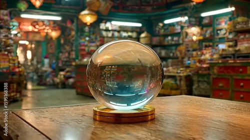 Mystical crystal ball reveals vibrant market, fortune telling and shop concepts