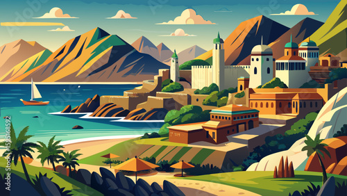 Fujairah, UAE – Mountainous desert meets ocean coastline. Forts and mosques blend with nature, offering raw textures for compelling vector imagery.
