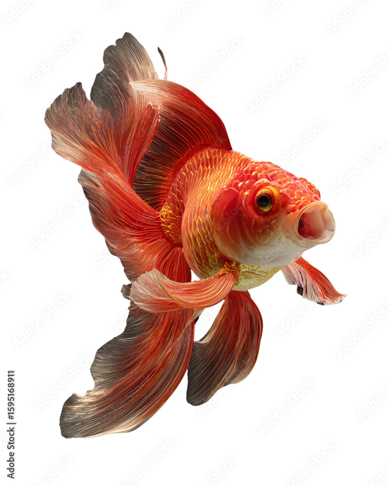 Fototapeta premium Side View of Orange Goldfish in a Curved Swim Pose with Open Mouth Expression, Isolated on Transparent Background 