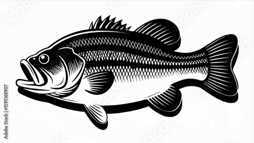 Striking black and white woodcut illustration of a largemouth bass fish