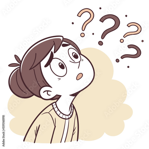 Confused Inquiry: A captivating illustration showcases a person with an uncertain expression, gazing upward towards question marks that symbolize contemplation and curiosity.