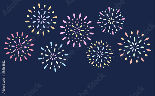 夜空に上がるカラフルな打ち上げ花火のイラスト