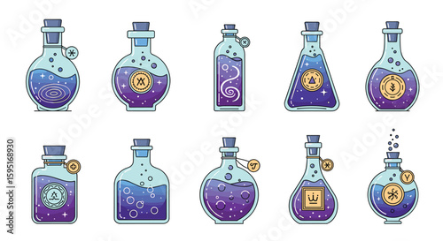 Magical elixir bottles collection featuring mystic potions and enchanted concoctions
