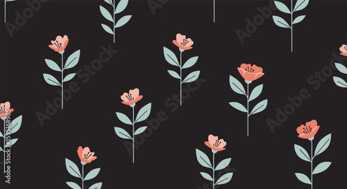 A repeating pattern of delicate coral pink flowers with light green leaves on a dark gray background