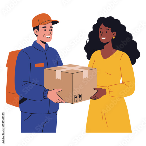 Delivery to woman by courier at apartment door