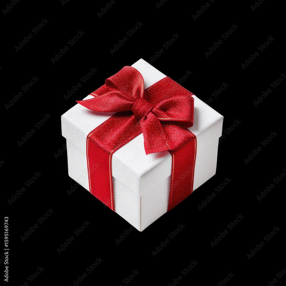 Obraz premium Elegant White Gift Box with Red Ribbon on Black Background for Celebrations and Special Occasions