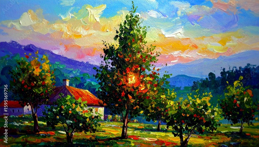 Fototapeta premium Vibrant Impasto Oil Painting of Rural Landscape with House and Glowing Trees at Sunset