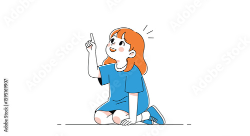 A curious young girl gazing upwards with her finger raised in wonder and anticipation