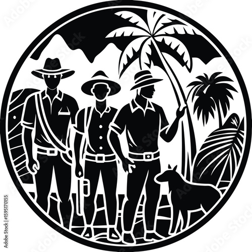 Journey into the Circle: A meticulously designed circular emblem features the silhouettes of explorers. They stand beneath a stylized palm tree on the backdrop of a serene mountainous vista.