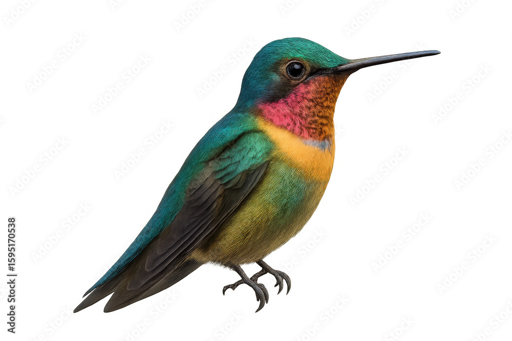 Fototapeta premium Iridescent hummingbird hovering, detailed side profile, shimmering plumage against clean white backdrop