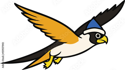 Peregrine falcon mid flight wearing Santa hat, festive bird of prey in dynamic motion, Christmas wildlife concept, holiday season falcon flying, winter festive raptor image.