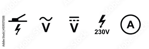 Voltage and current electrical symbol icon set for circuit power measurement safety sign energy utility graphic vector illustration collection design.