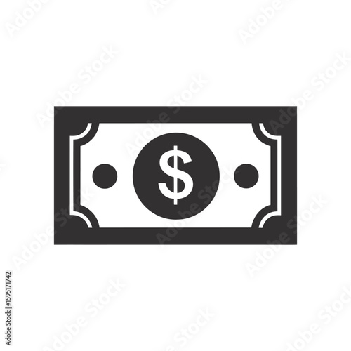  Black and white illustration of a dollar bill with a dollar sign isolated on white background