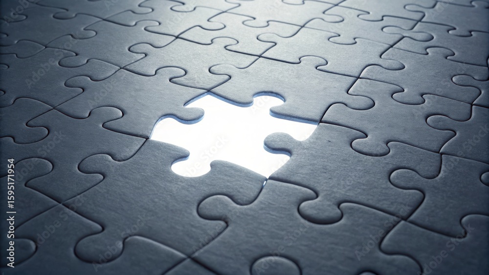 Fototapeta premium A single brightly lit puzzle piece missing from a dark jigsaw puzzle isolated on transparent background