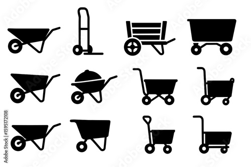 Wheelbarrow, trolley silhouette icon set. construction, gardening tools silhouette collection
