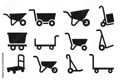 Construction equipment solid icon set. trolley, wheelbarrow solid snippets collection