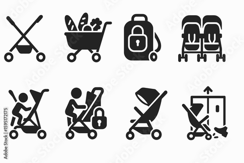Baby, stroller solid icon set. infant, pram, childcare icons solid collection
