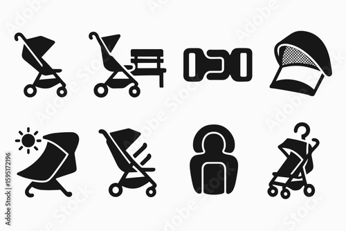 Baby stroller silhouette icon set. essentials for parenting and travel