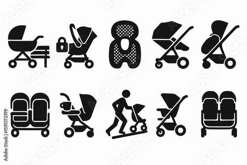 Baby strollers silhouette icon set. pram, carriage, stroller silhouette collection
