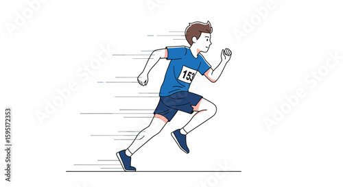 Athletic male runner in blue shirt and shorts participating in a speed race showcasing determined motion and focus on achieving personal best performance