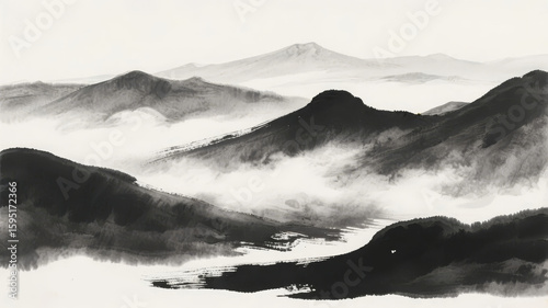 Monochromatic Ink Painting of Misty Mountain Landscape