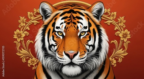 Majestic Tiger Portrait with Golden Ornamentation on Red Background