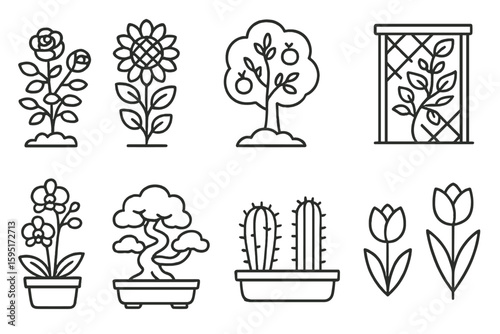 Garden, botanical line icon set. flowers, plants, gardening outline collection
