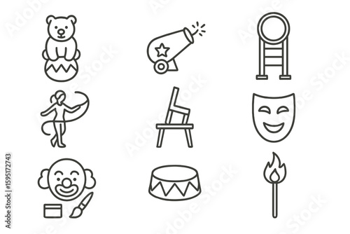 Circus entertainment outline icon set. carnival, performance, show symbols