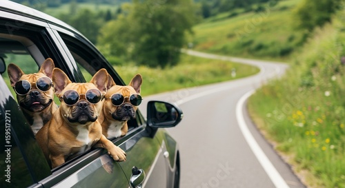 ドライブを楽しむ三匹のかわいい犬 陽気な仲間たち 緑豊かな景色