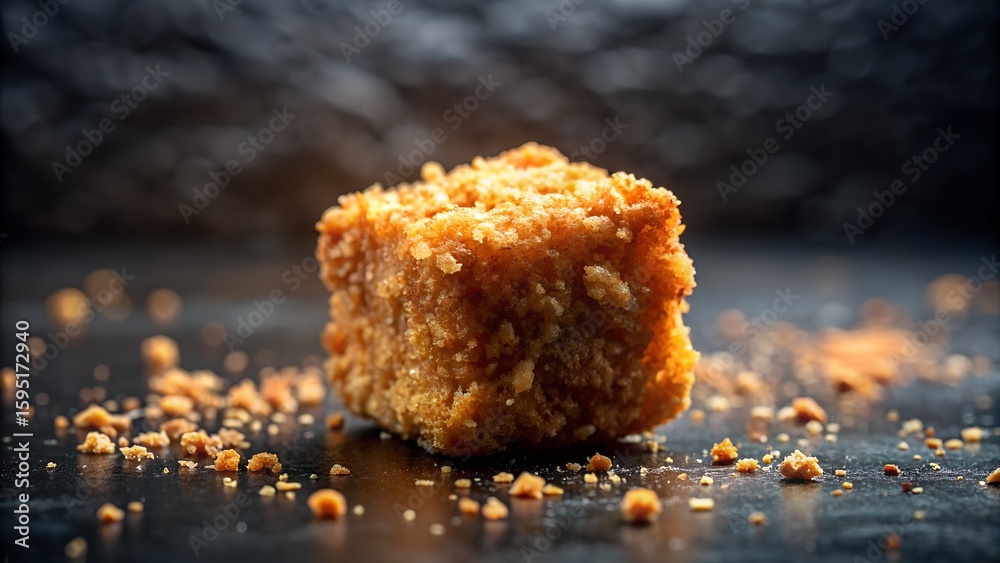 Fototapeta premium Photo of a single crispy fried breaded chicken nugget sits on a dark surface with crumbs scattered around it