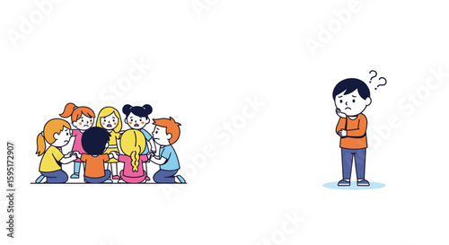 Diverse group of children engaged in collaborative play while one child stands apart feeling confused and pondering