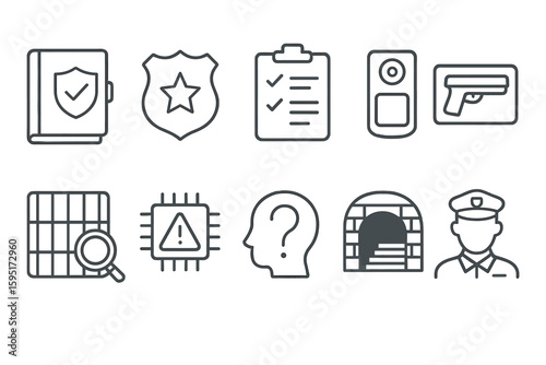 Security and safety outline icon set. surveillance, protection, law enforcement icons.