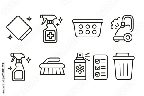 Cleaning tools outline icon set. housekeeping, sanitation visual symbols collection