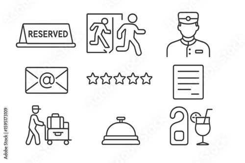 Hotel and hospitality line icon set. reservation, service, travel icons collection