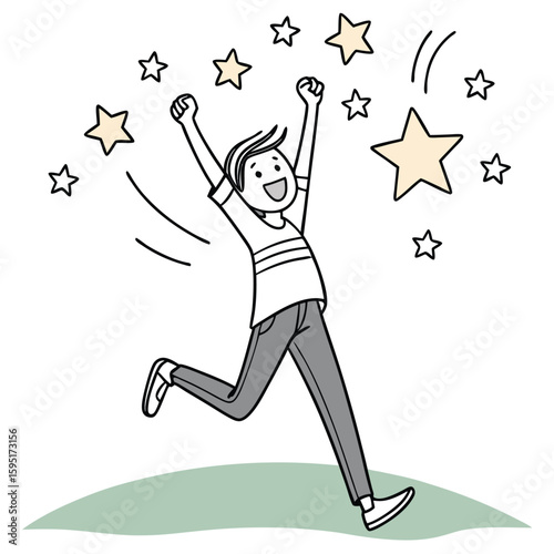 Jubilant Achievement Illustration: A joyous figure leaping with unbridled glee, stars bursting forth, painted in vibrant hues.