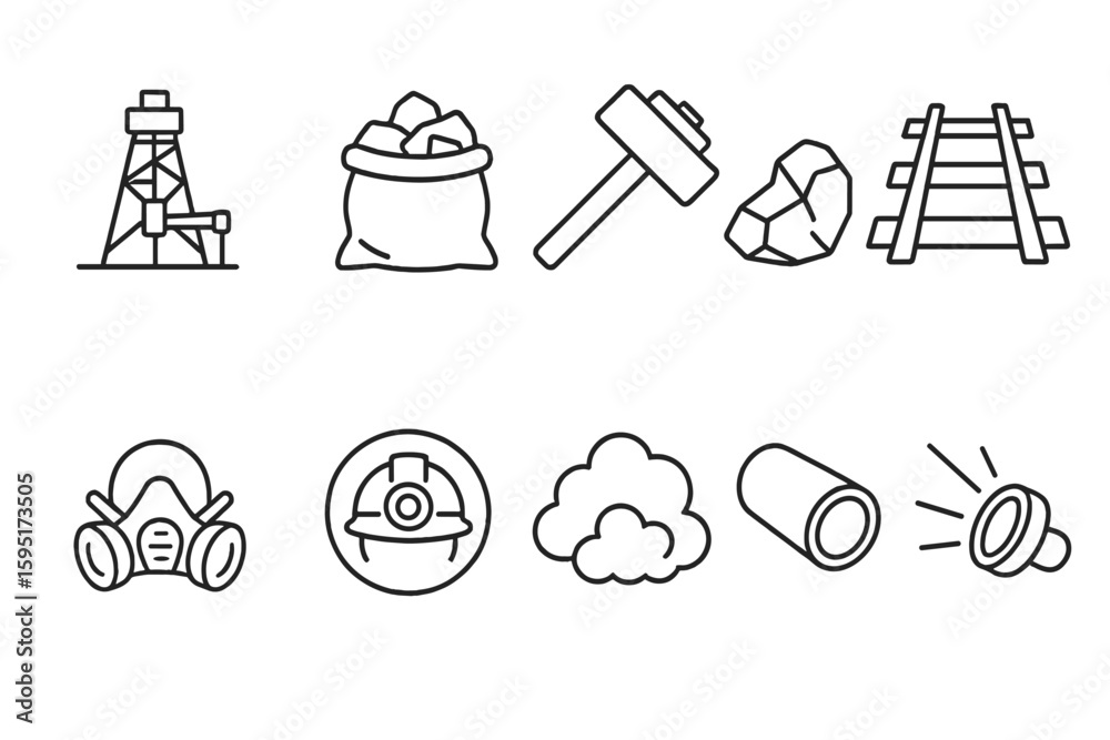 Fototapeta premium Mining and industrial icon set. tools, equipment, and safety icons outline collection