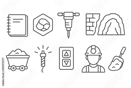 Mining and construction outline icon set. tools, equipment icons in linear design