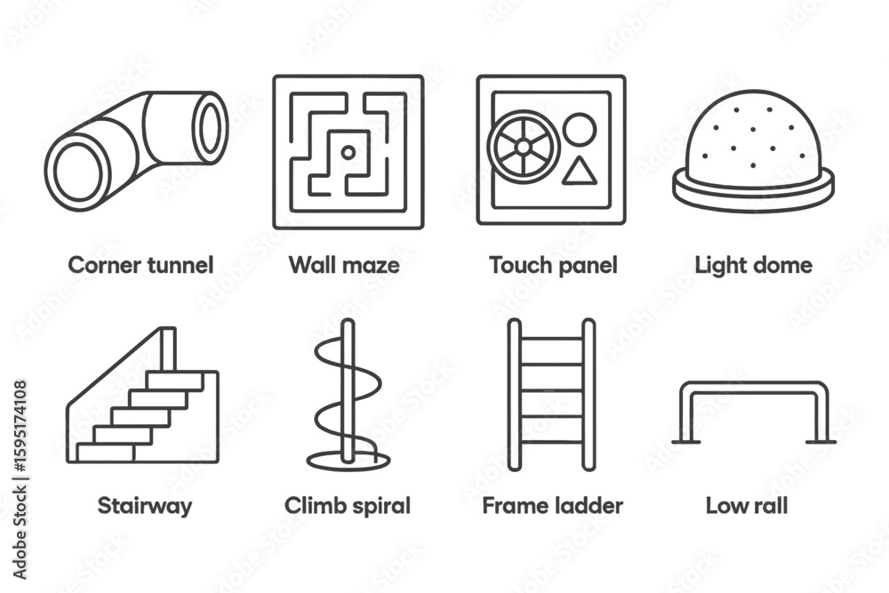 Fototapeta premium Playground equipment outline icon set. fun, kids play symbols line collection