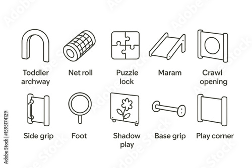 Playground equipment outline icon set. play structures, safety, fun design icons