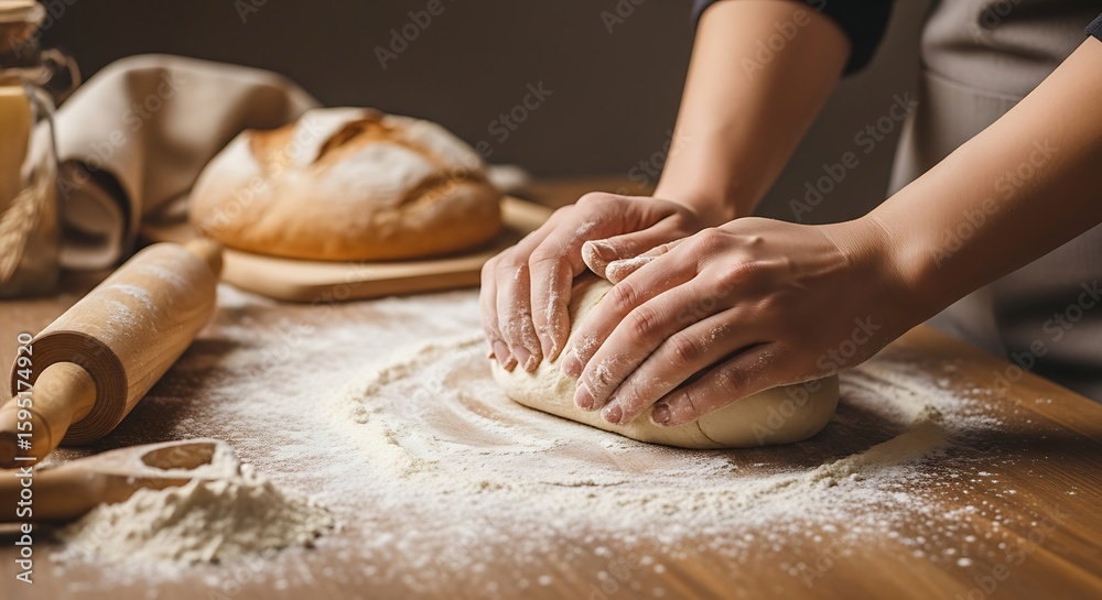 Obraz premium Kneading Dough by Hand on Rustic Table with Loaf in Background – Artisan Breadmaking Concept