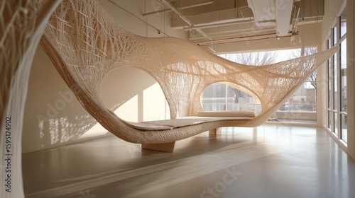 Intricate woven textile structure forming a modern daybed in a bright minimalist interior