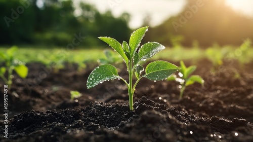 Young Plant Sprout with Dew Drops in Soil Close up view of seedlings in a field