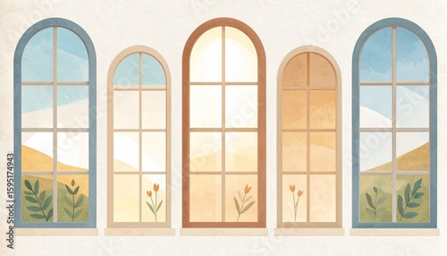 Row of five arched windows with watercolor landscapes showing different times of day.